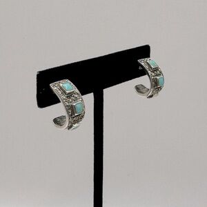 VINTAGE Sterling Silver Turquoise & Marcasite Hoop Earrings